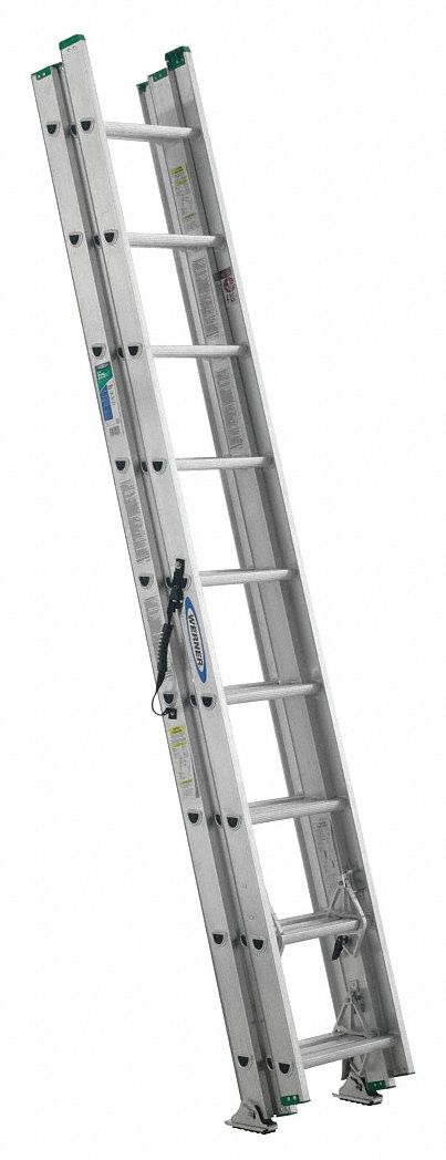Extension Ladder: 24 ft Ladder Size, Aluminum, 225 lb Load Capacity, 46 lb Wt, 3 Sections