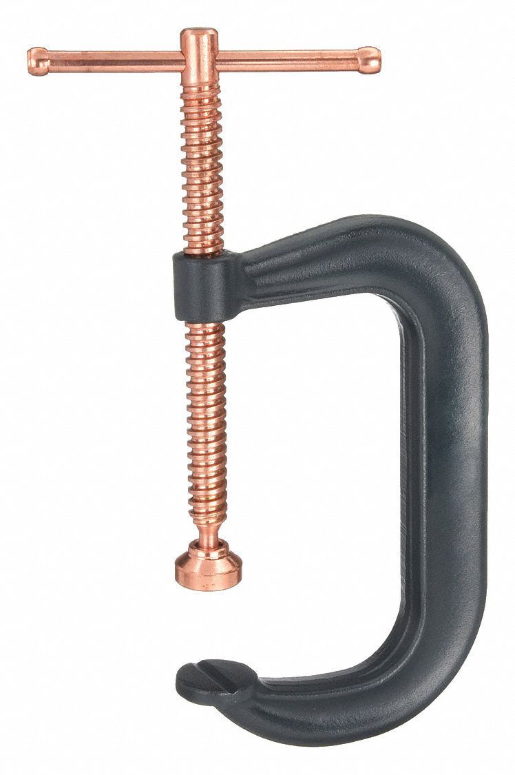 Spatter Resistant C-Clamp: Extra Heavy Duty, V-Grooved, Swivel, Sliding T Handle