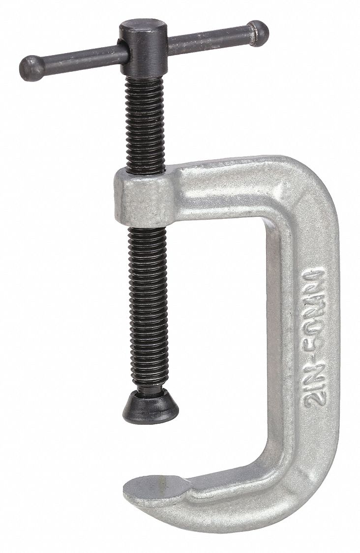 C-Clamp: Light Duty, Flat, Swivel, Sliding T Handle, 0 in – 2 in Jaw Opening, Black Oxide