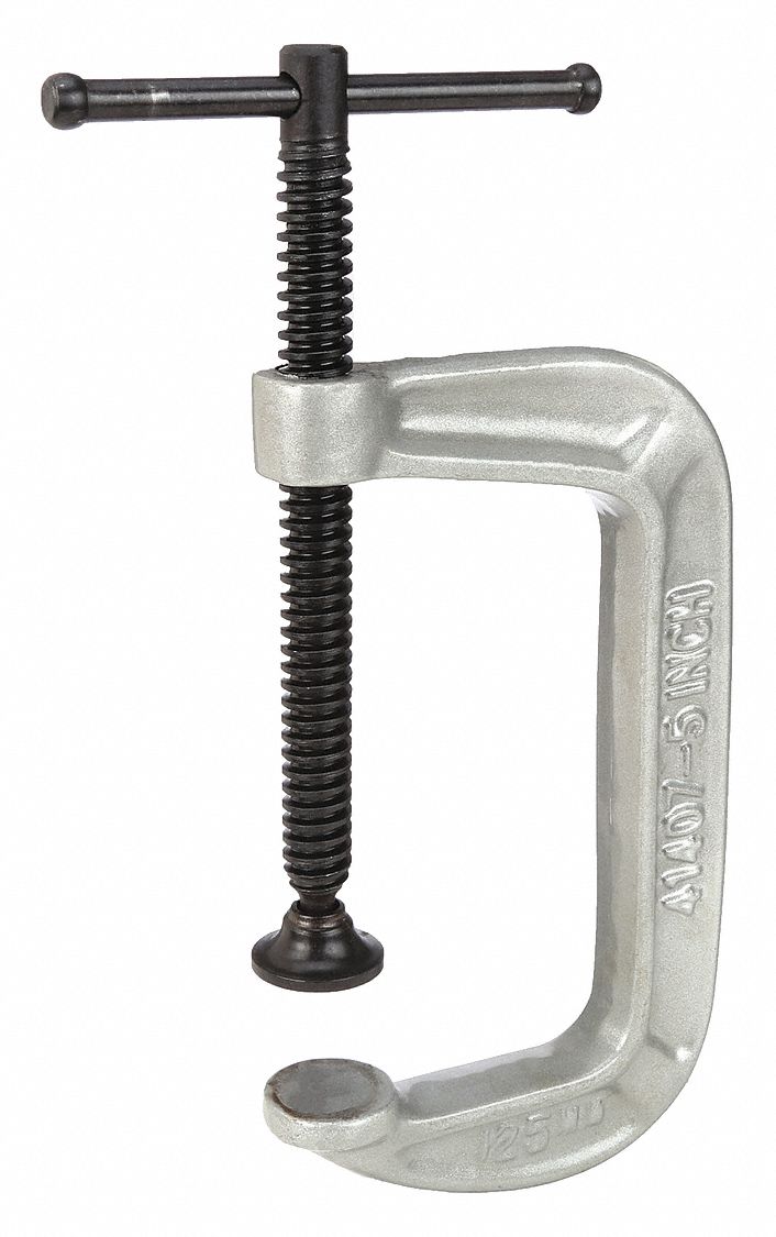 C-Clamp: Medium Duty, Flat, Swivel, Sliding T Handle, 0 in – 5 in Jaw Opening, 3 in Throat Dp