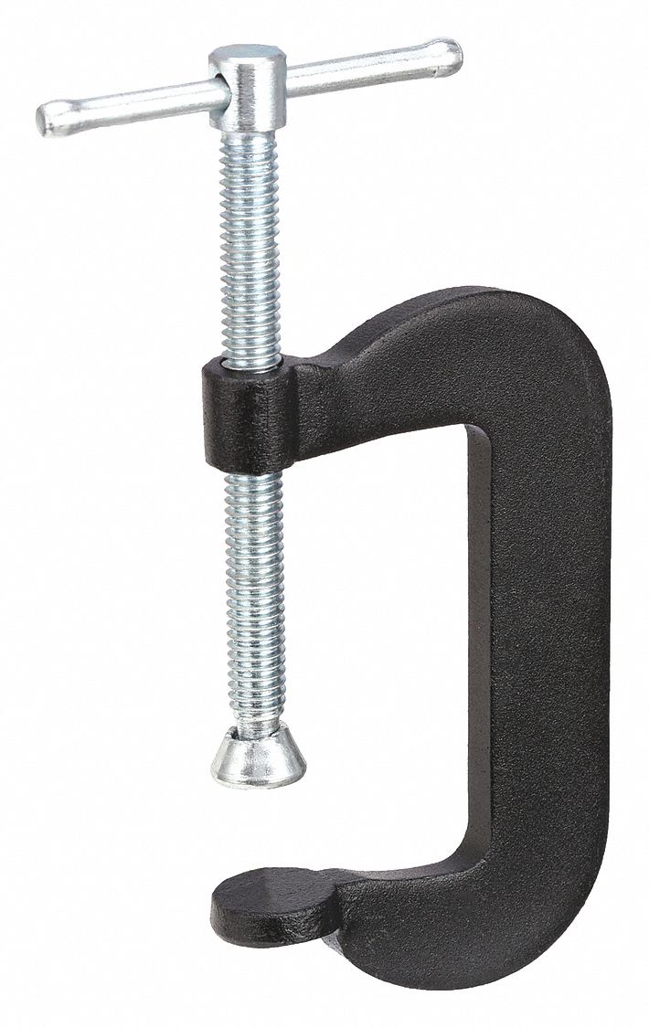C-Clamp: Light Duty, Flat, Swivel, Sliding T Handle, 0 in – 2 in Jaw Opening, Zinc Plated