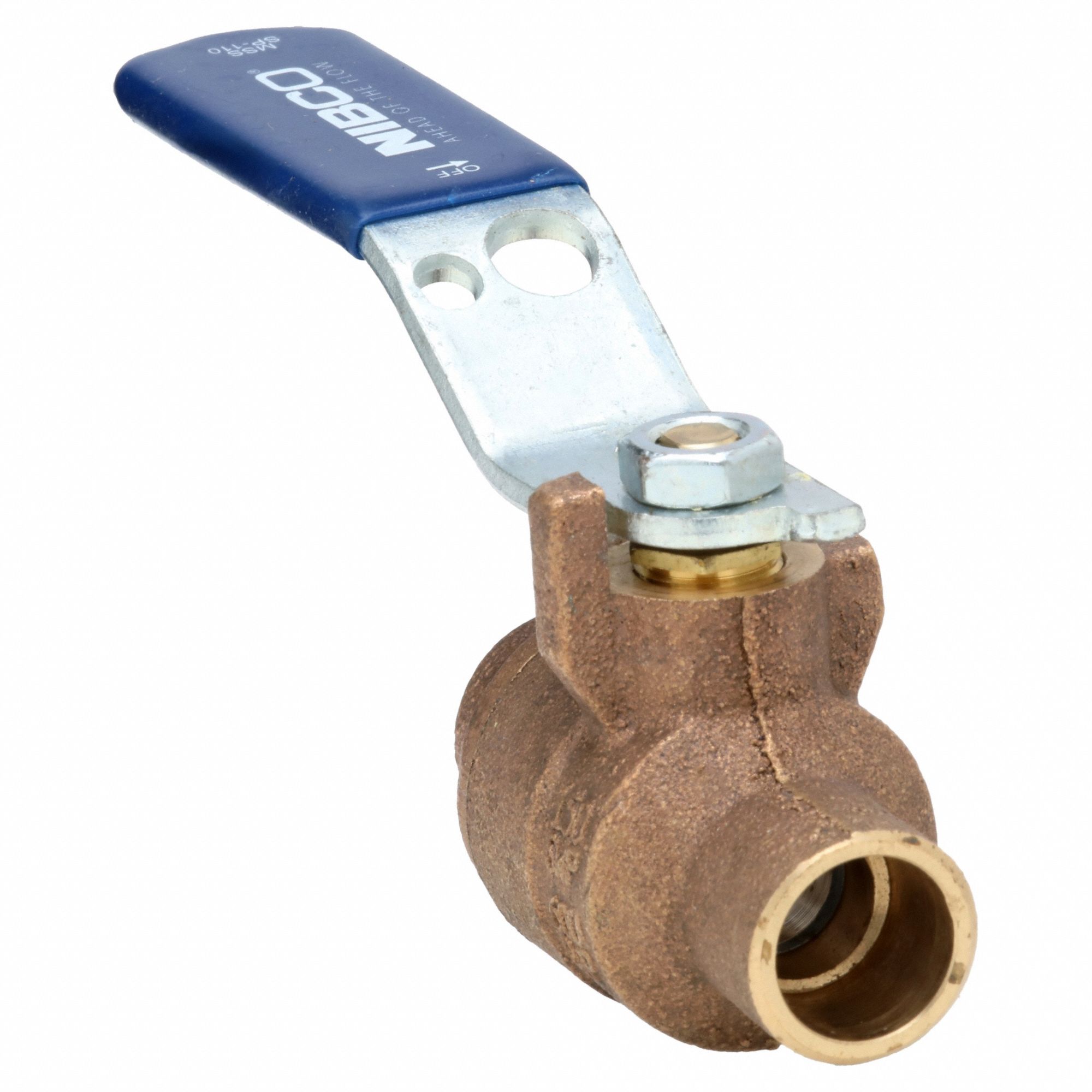 Manual Two-Way Ball Valve: 1/2 in, Bronze, Straight, Sweat x Sweat, Full Port, Two-Piece, Blue