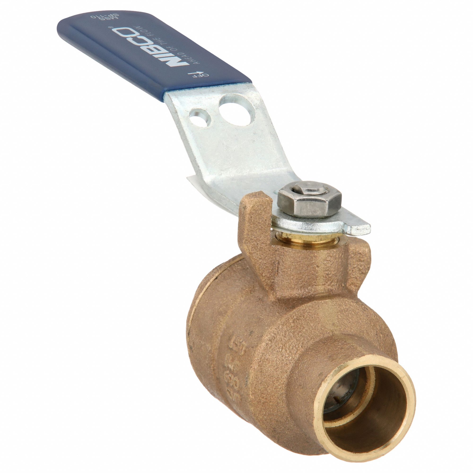 Manual Two-Way Ball Valve: 3/4 in, Bronze, Straight, Sweat x Sweat, Full Port, Two-Piece, Blue