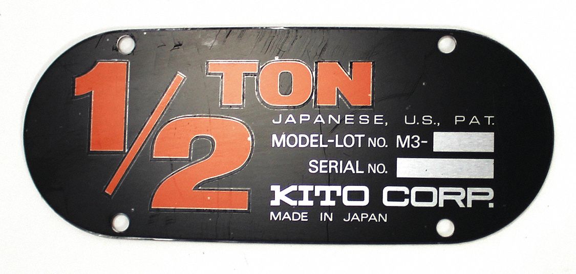 KITO NAMEPLATE B W RIVETS, FOR CB SERIES MANUAL HOISTS - 10571