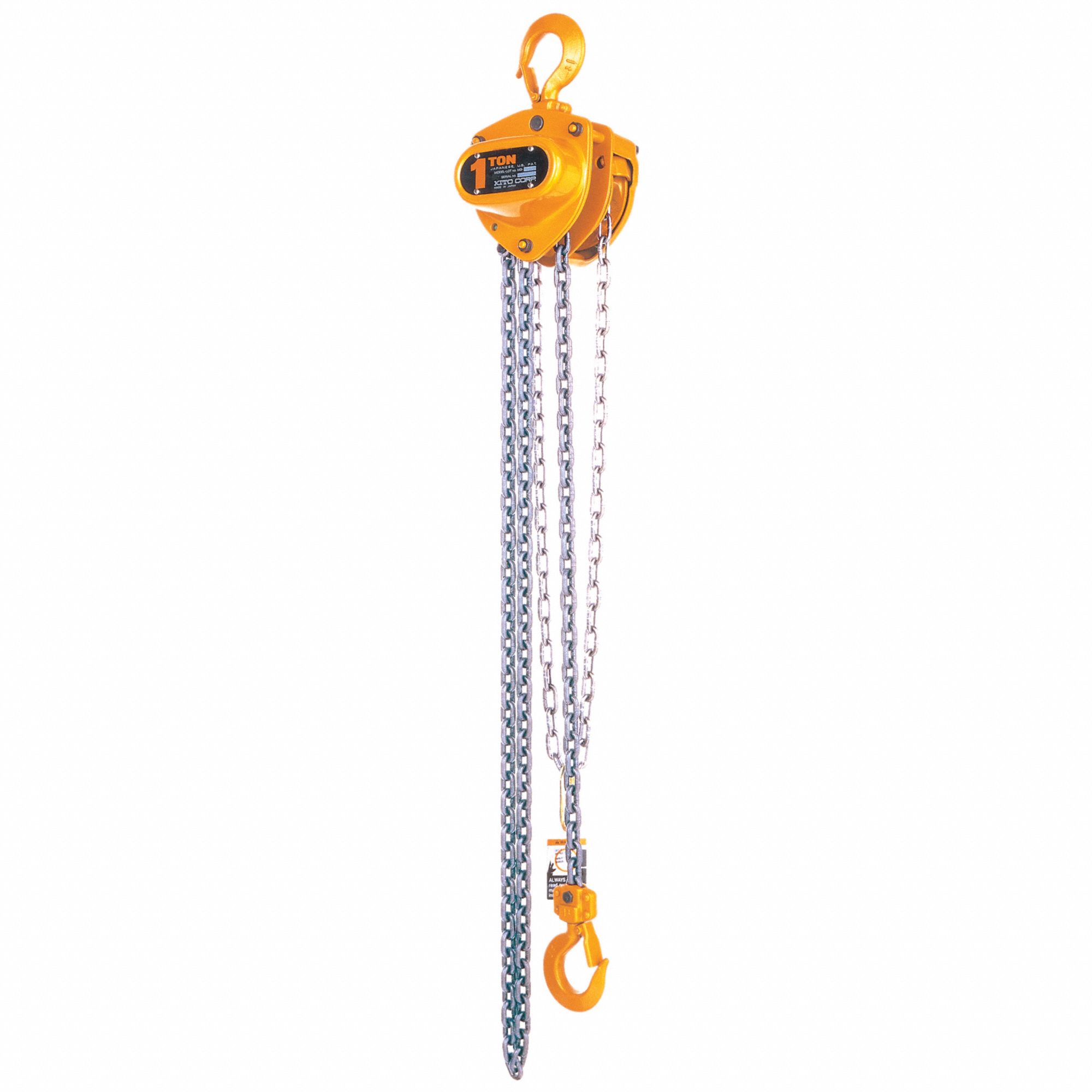 MANUAL CHAIN HOIST, 1 METRIC TON CAPACITY, 10 FT LIFT, 64 LBS PULL LOAD, MEETS ASME/ANSI, STEEL