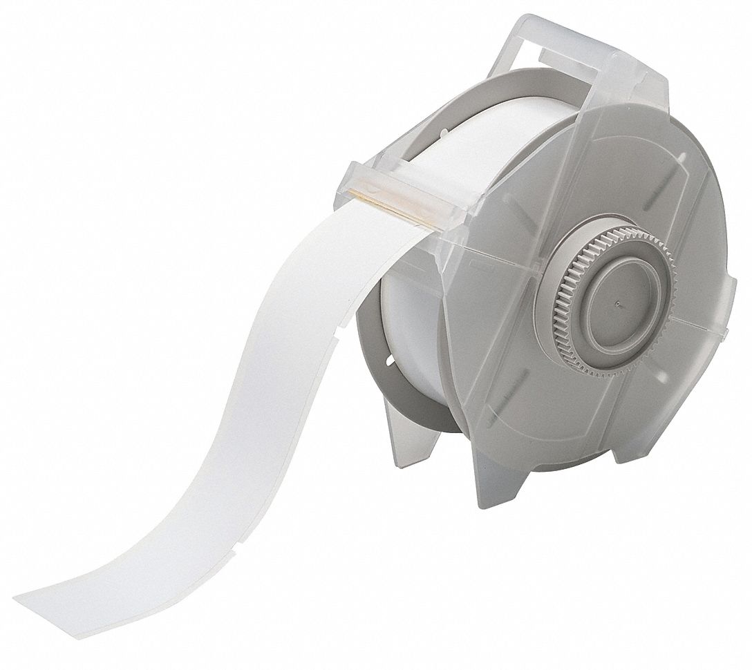 Pre-Cut Label Stock Roll: 1 11/64 in x 2 3/4 in, Acrylic, Aggressive Adhesive/Permanent Adhesive