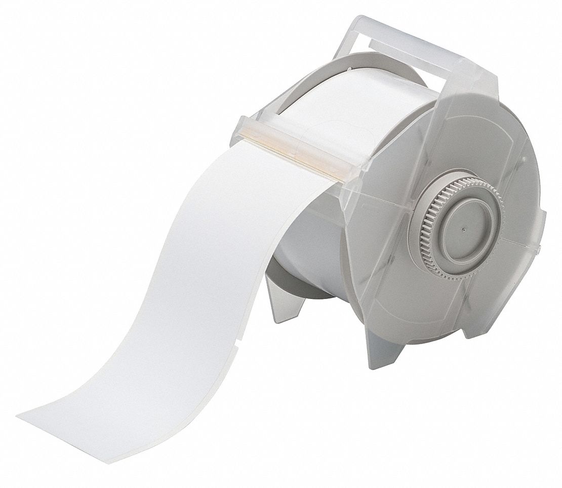 Pre-Cut Label Stock Roll: 2 1/4 in x 3 3/4 in, Acrylic, Aggressive Adhesive/Permanent Adhesive