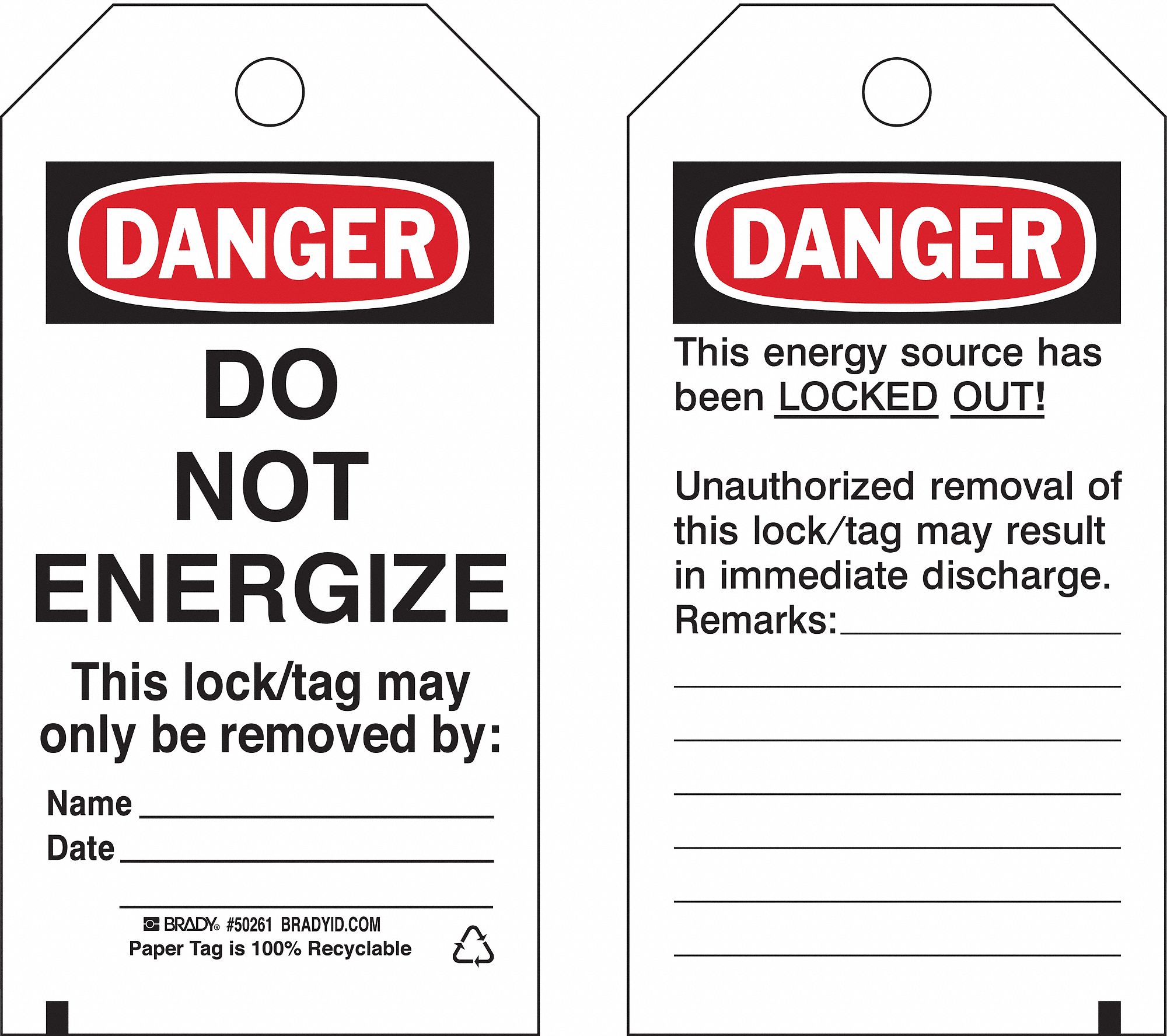Lockout Tag: Danger, Do Not Remove Tag, Paper, Remarks, Write-On Surface, English, Danger, Tag