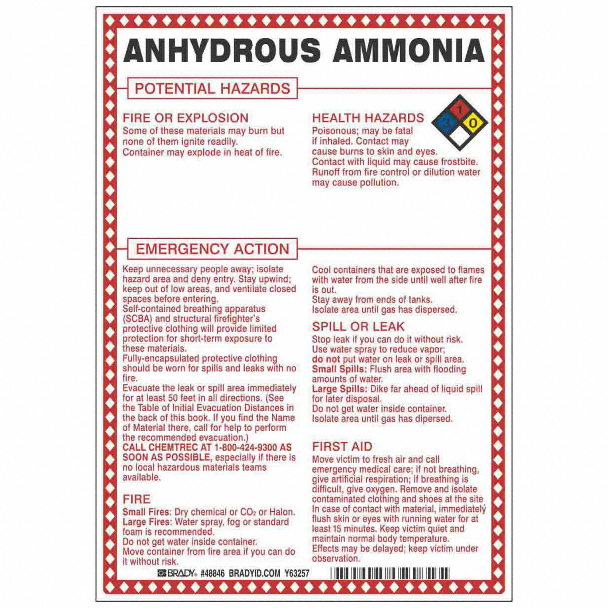 Anhydrous Ammonia Potential Hazards, Fiberglass, Chemical Sign - 41F457 ...