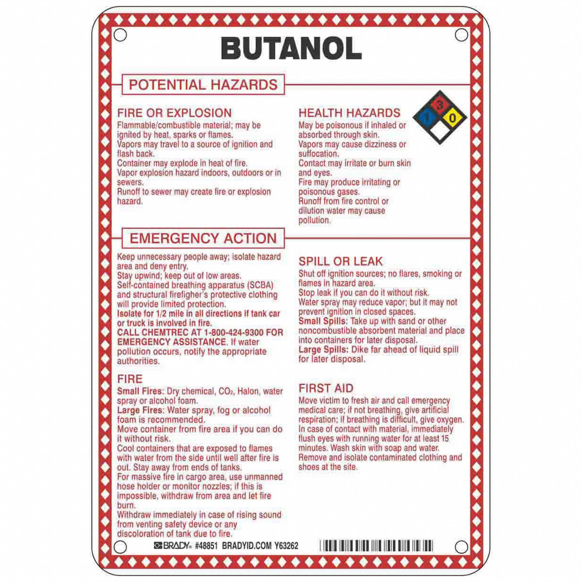 Sign: Butanol Potential Hazards, Fiberglass, 10 in Ht, 7 in Wd, 0.1 in Thick, 7 in x 10 in, Butanol