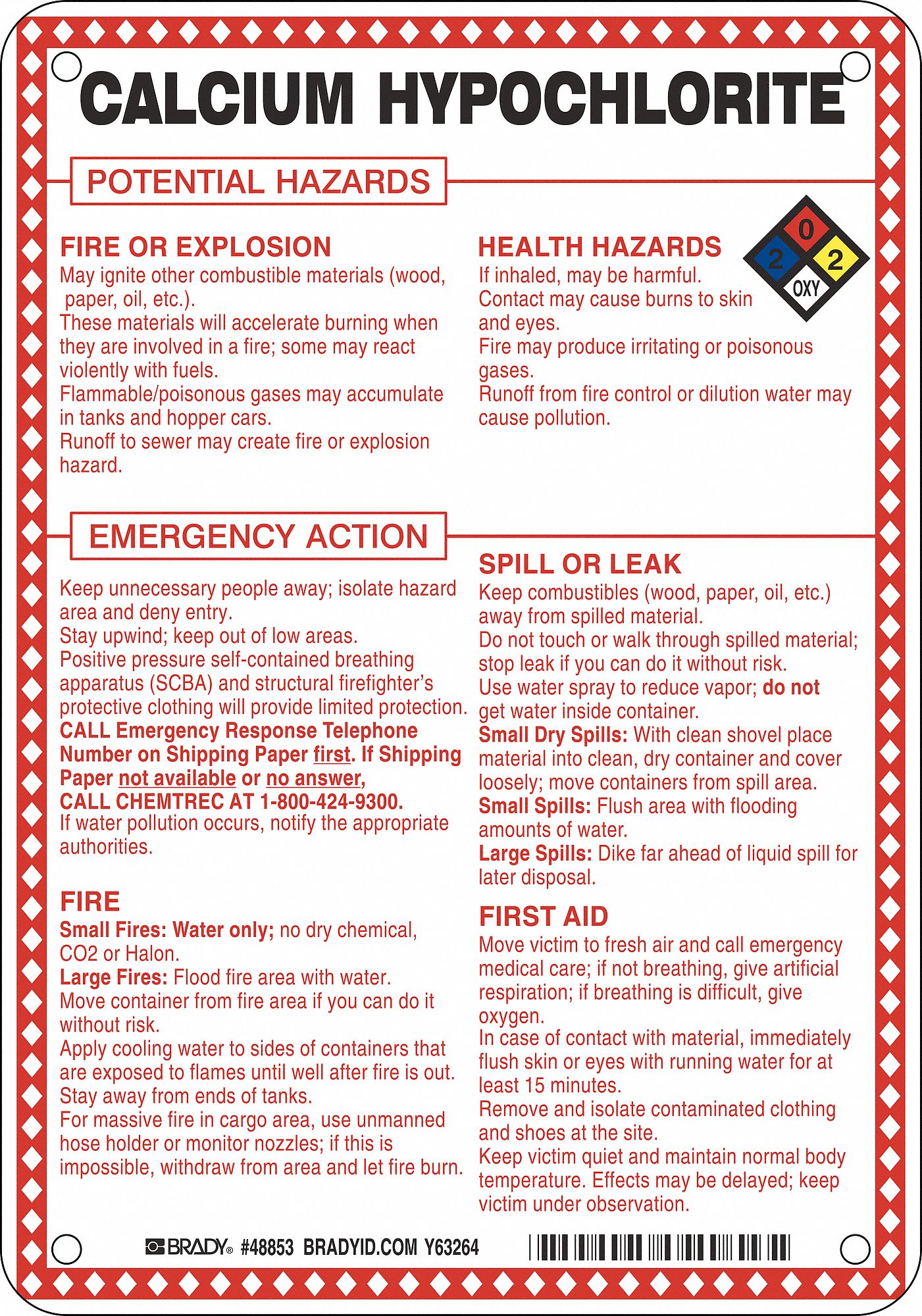 BRADY Chemical Sign Calcium Hypochlorite Potential Hazards, Fiberglass, 10 in Ht, 7 in Wd