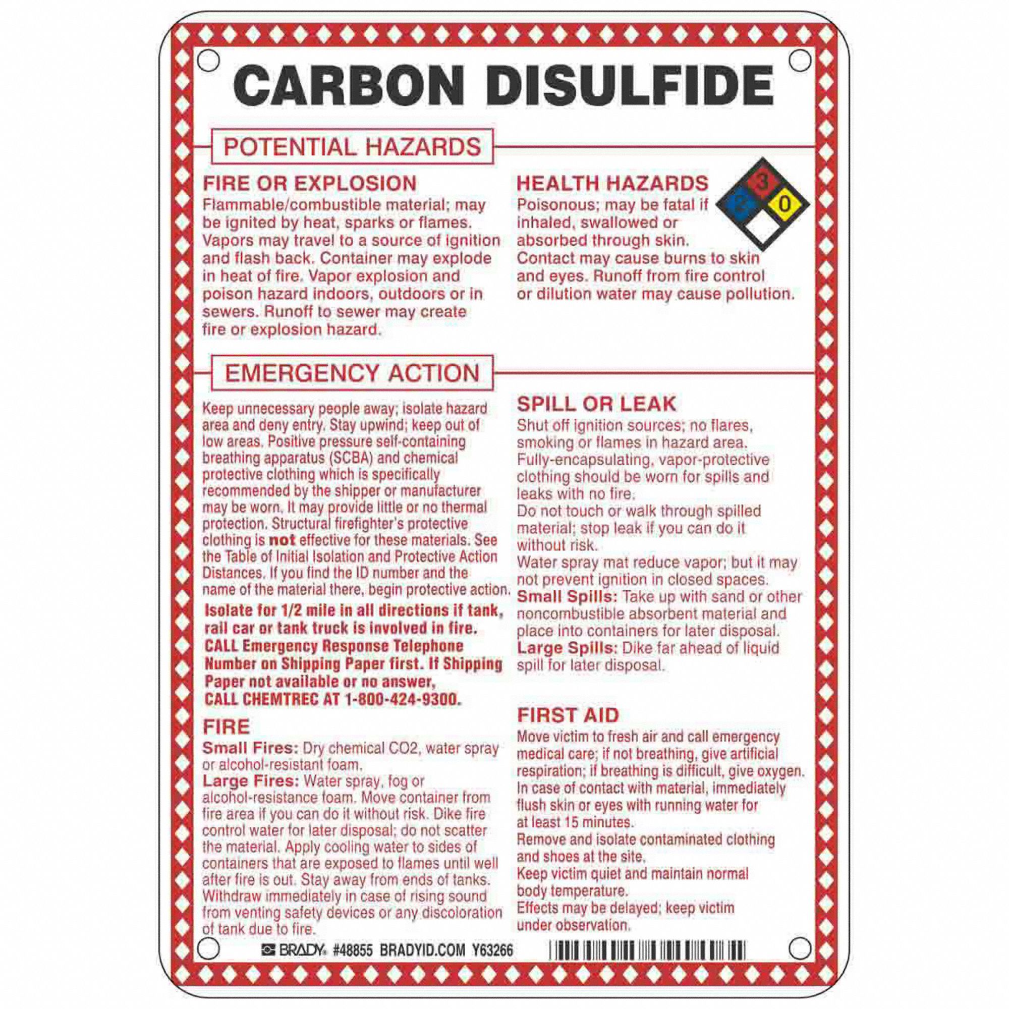 Sign: Carbon Disulfide Potential Hazards, Fiberglass, 10 in Ht, 7 in Wd, 0.1 in Thick, 7 in x 10 in