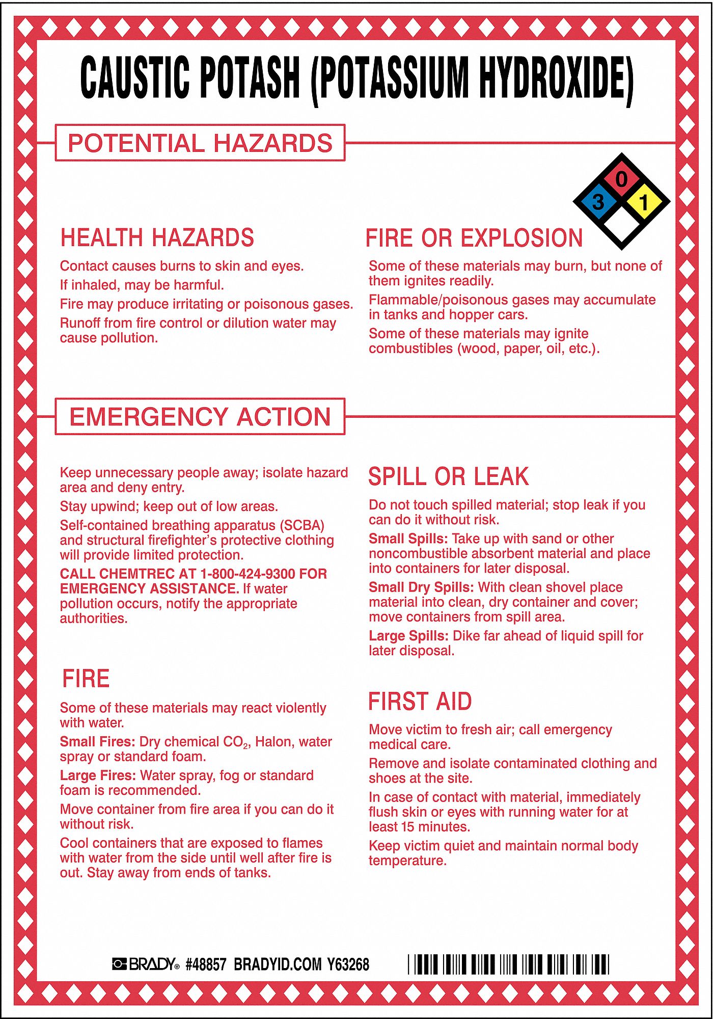 BRADY Chemical Sign Caustic Potash (Potassium Hydroxide) Potential
