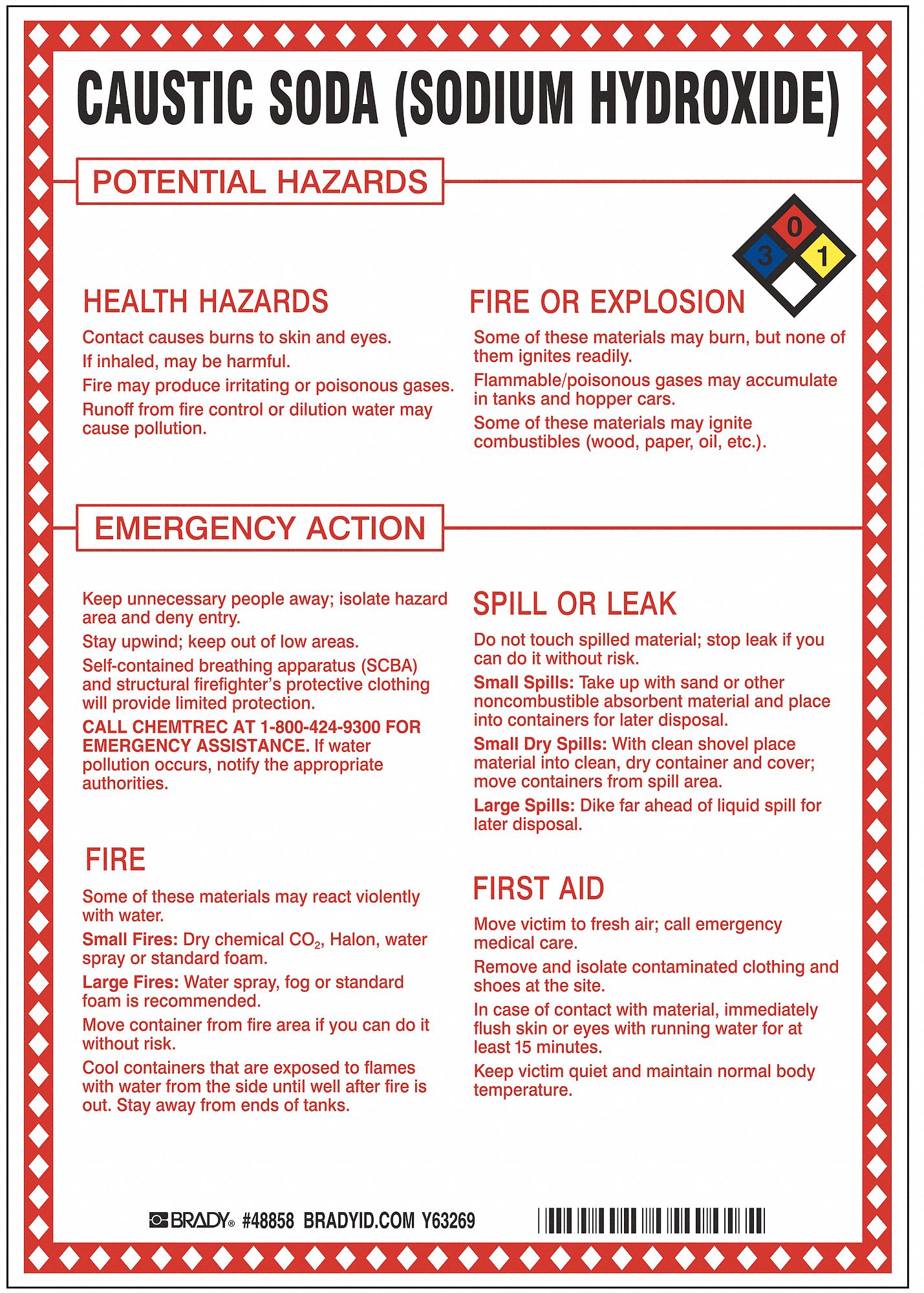 Brady Chemical Sign Caustic Soda Sodium Hydroxide Potential Hazards Fiberglass In Ht