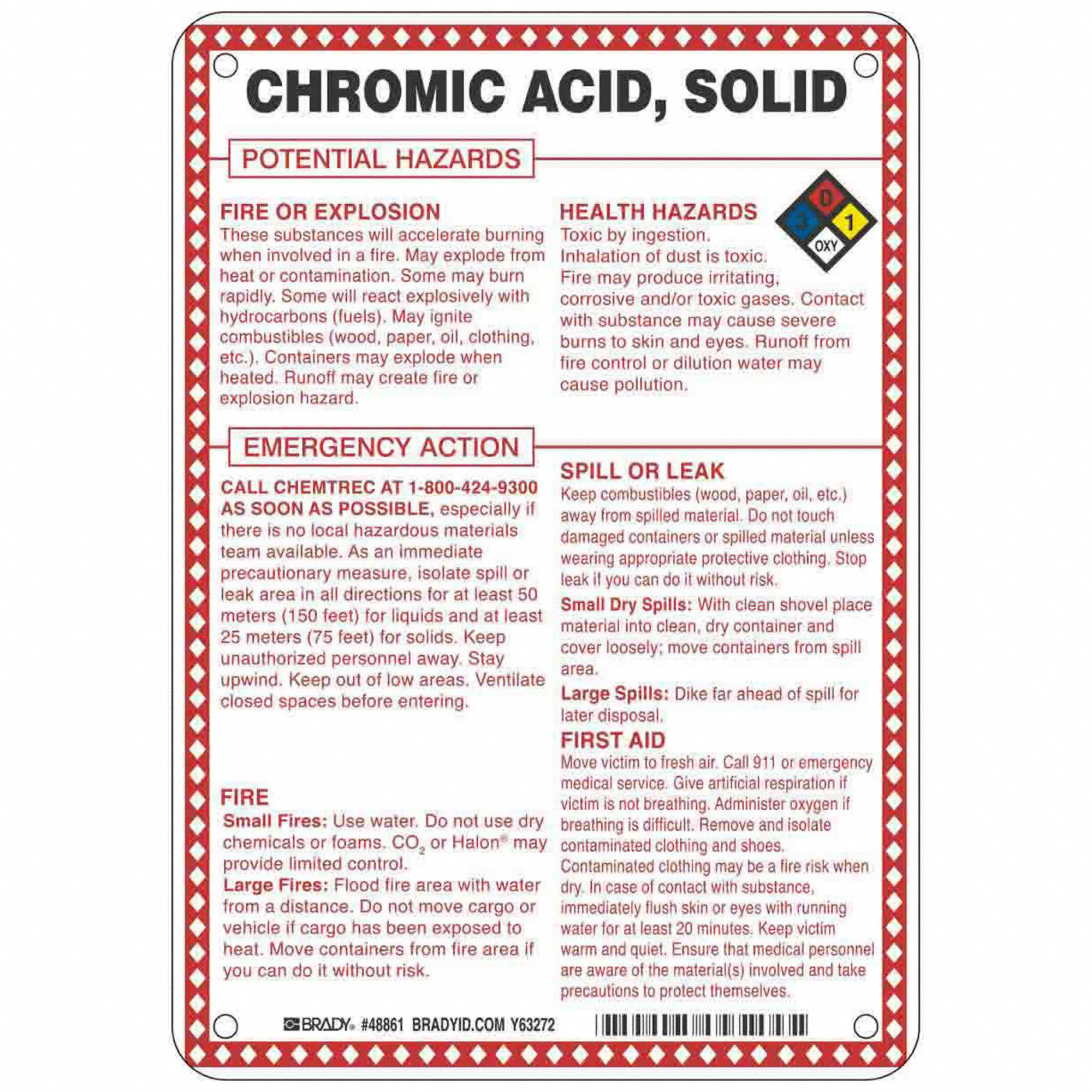 Sign: Chromic Acid/Solid Chromium Anhydride Potential Hazards, Fiberglass, 10 in Ht, 7 in Wd