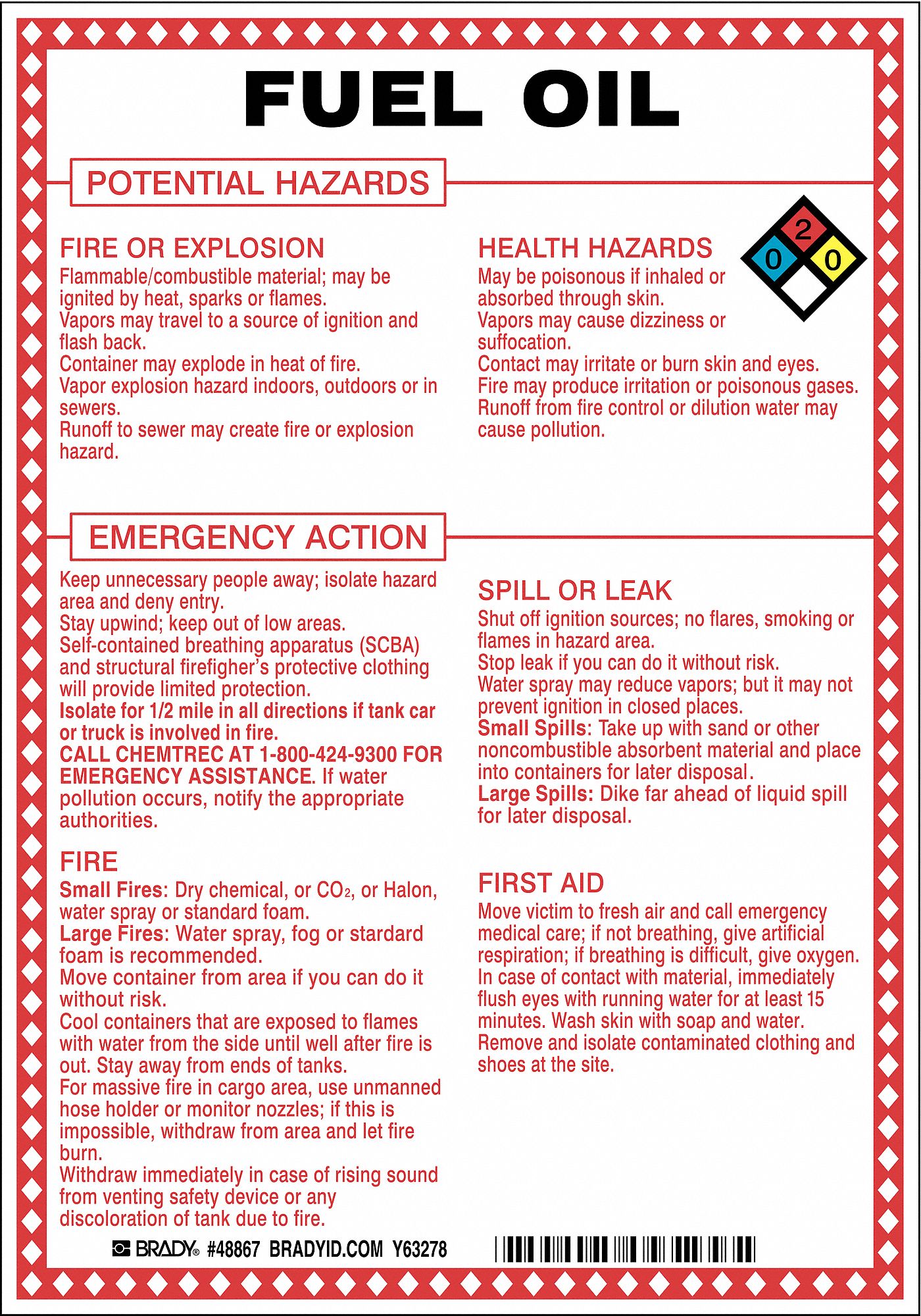 BRADY Chemical Sign Fuel Oil Potential Hazards, Fiberglass, 10 in Ht
