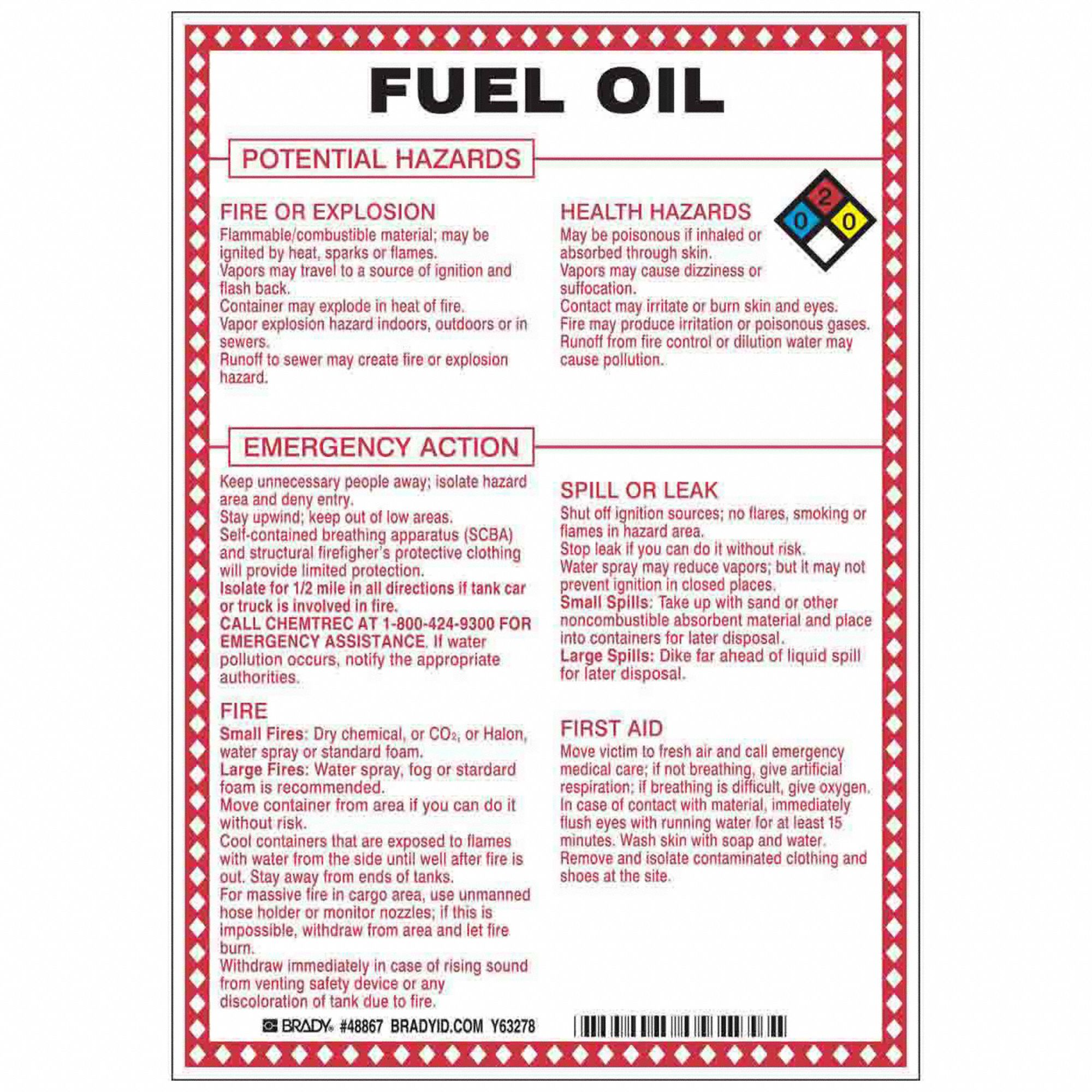 Sign: Fuel Oil Potential Hazards, Fiberglass, 10 in Ht, 7 in Wd, 0.1 in Thick, 7 in x 10 in