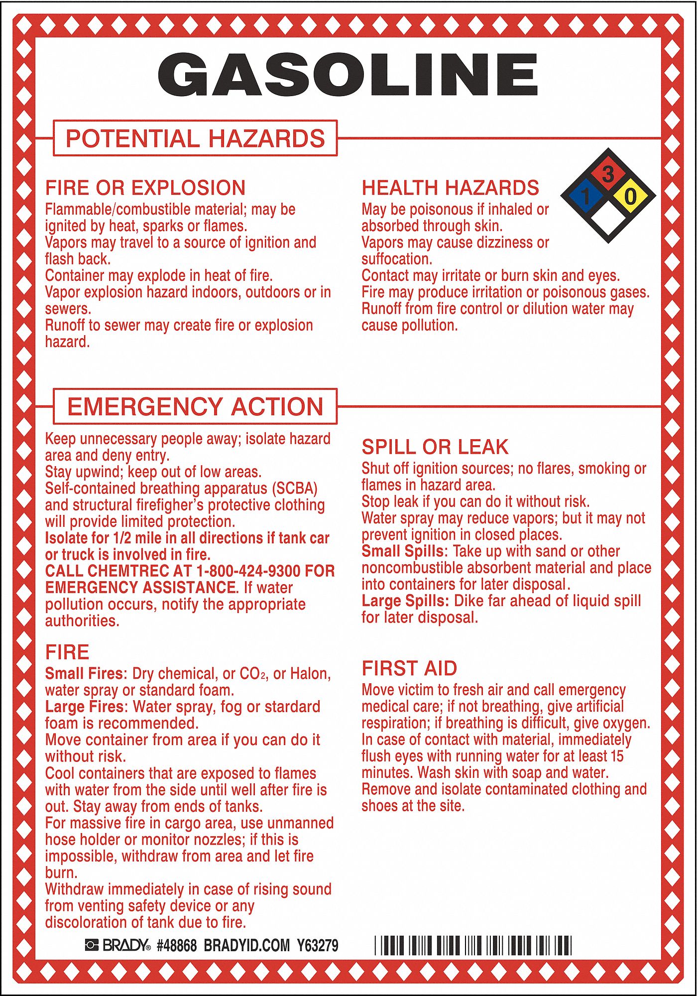 BRADY Chemical Sign Gasoline Potential Hazards, Fiberglass, 10 in Ht