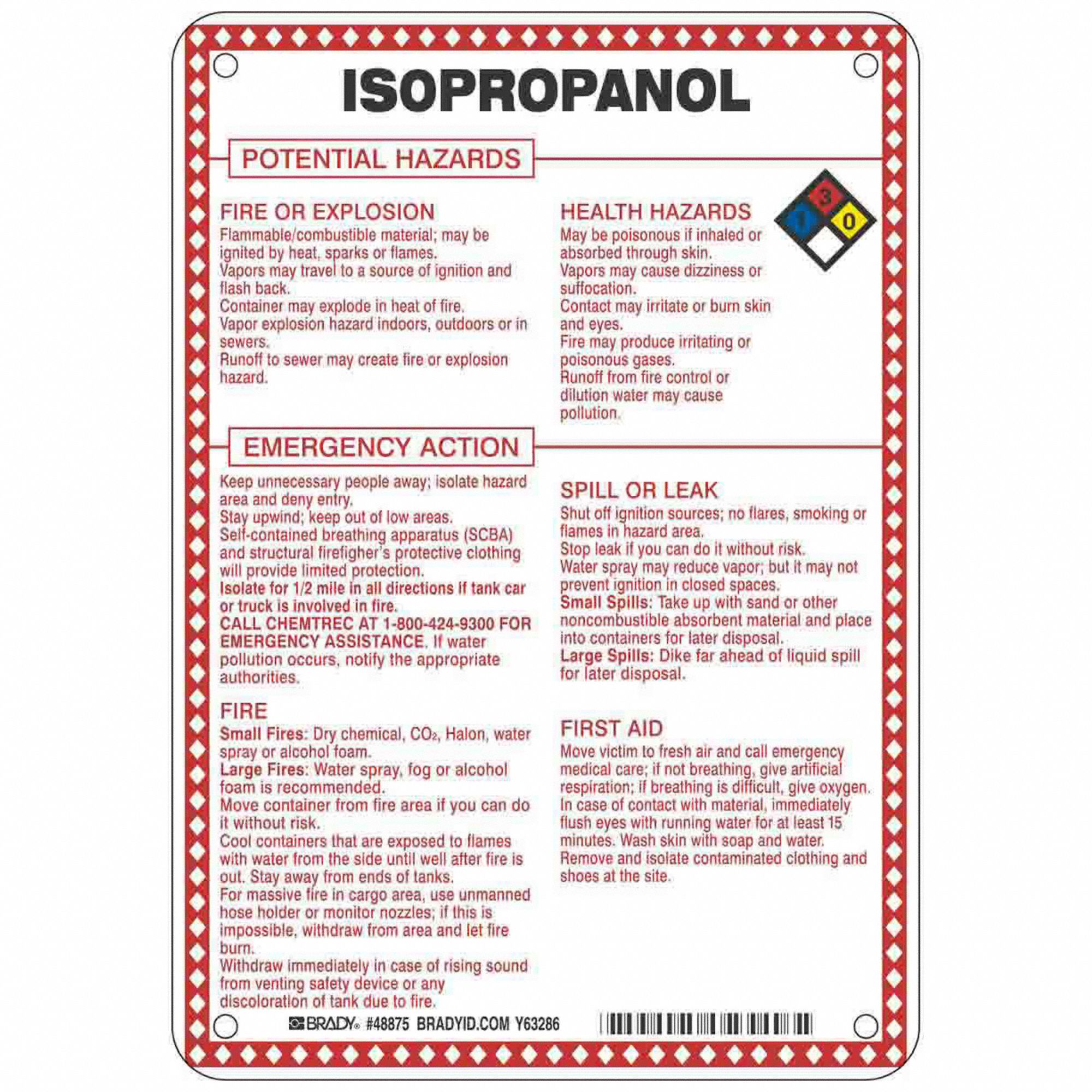Sign: Isopropanol Potential Hazards, Fiberglass, 10 in Ht, 7 in Wd, 0.1 in Thick, 7 in x 10 in
