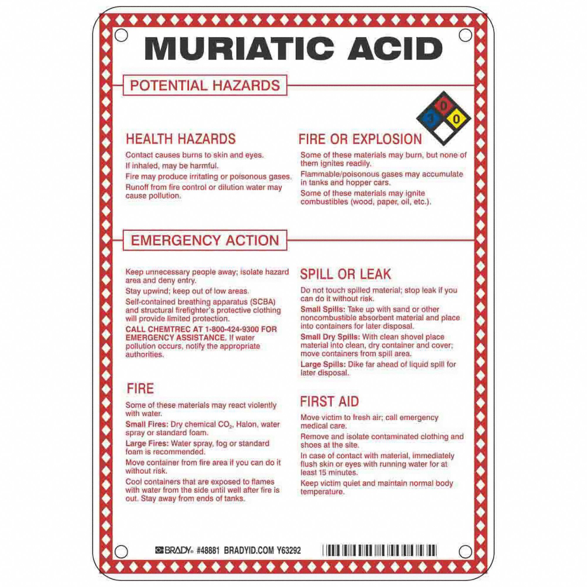 Muriatic Acid Potential Hazards, Fiberglass, Chemical Sign 41F492