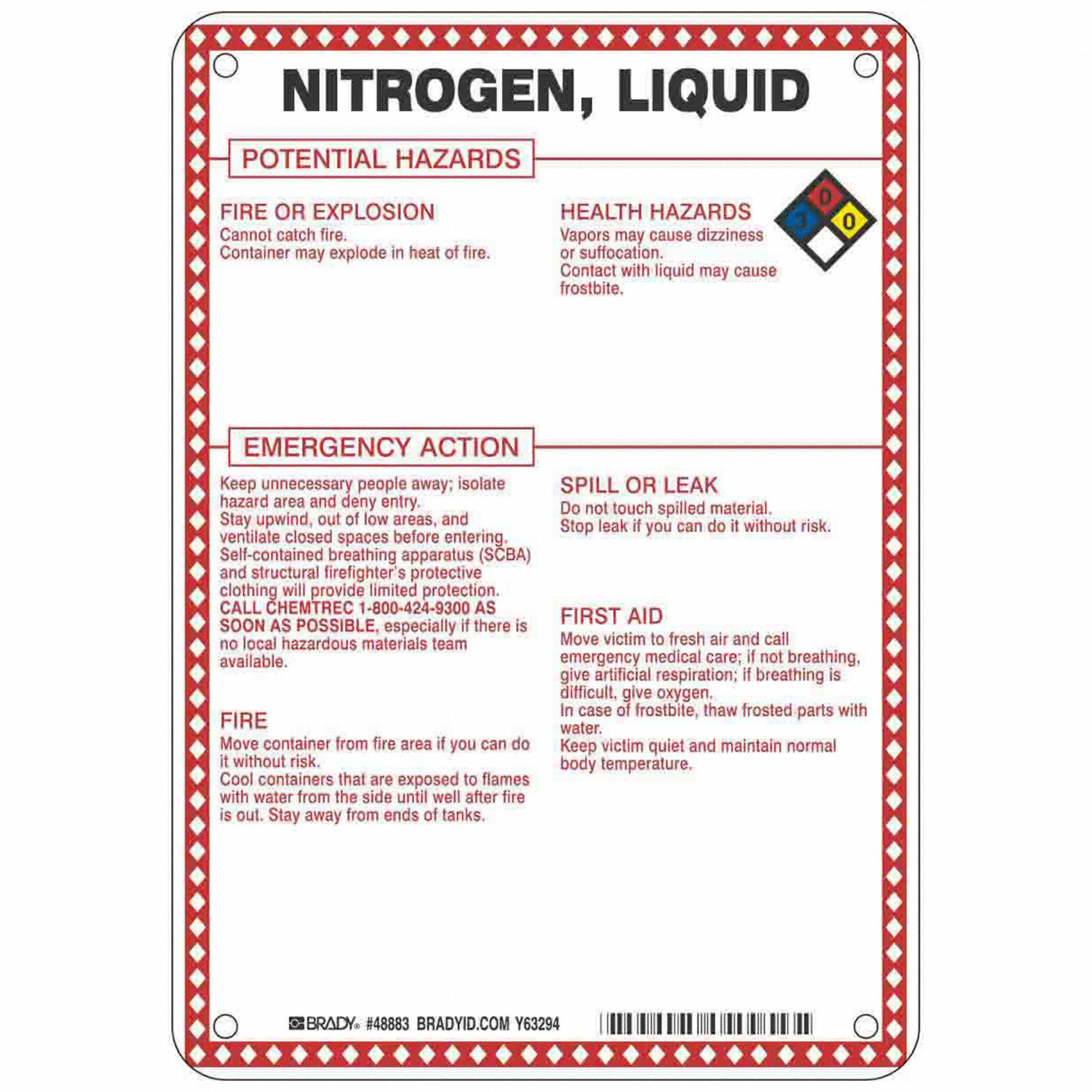 Liquid Potential Hazards/Nitrogen, Fiberglass, Chemical Sign 41F494