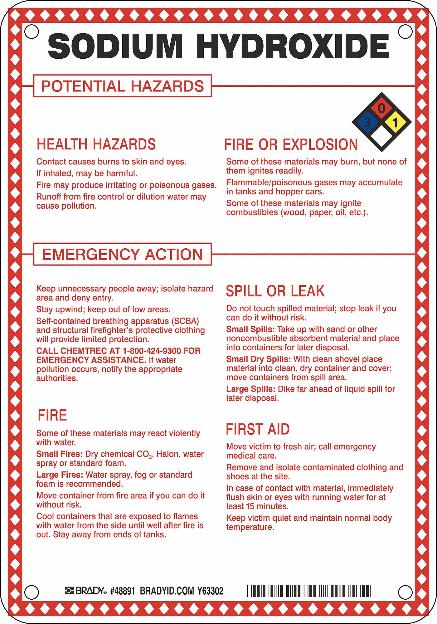 BRADY Chemical Sign Sodium Hydroxide Potential Hazards, Fiberglass, 10