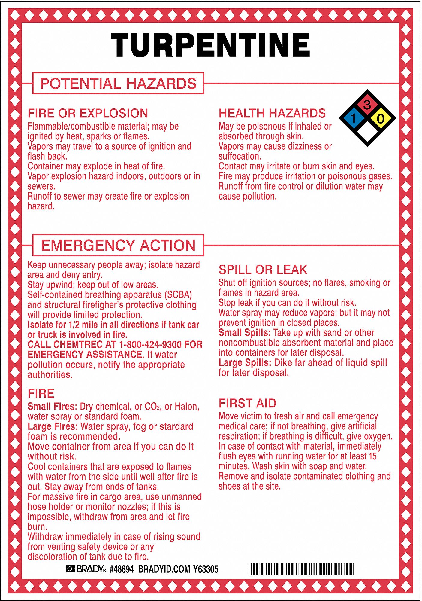BRADY Chemical Sign Turpentine Potential Hazards, Fiberglass, 10 in Ht