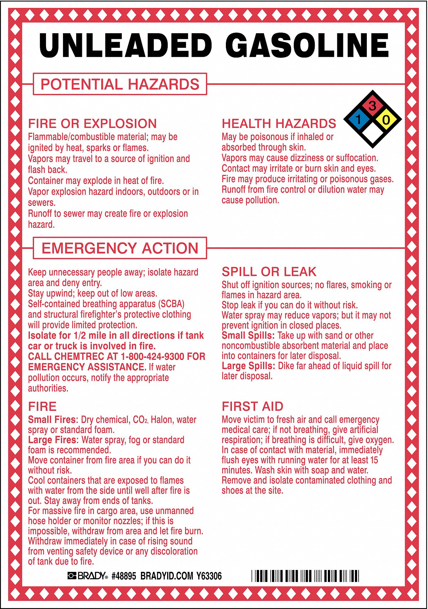 Brady Chemical Sign Unleaded Gasoline Potential Hazards Fiberglass 10 In Ht 7 In Wd 41f507