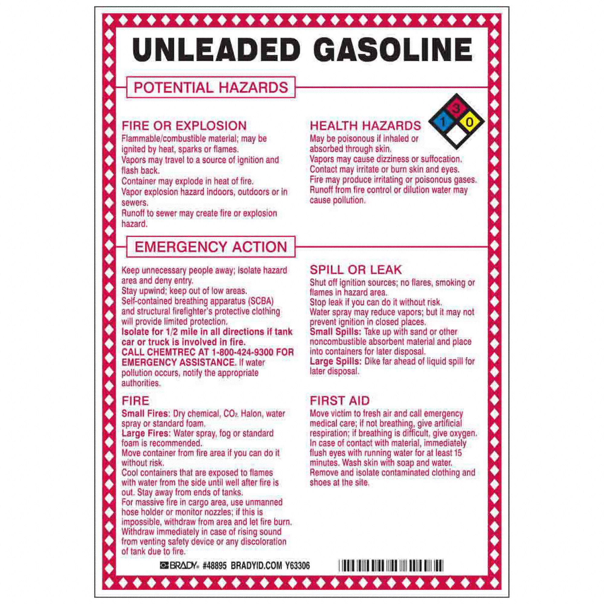 Sign: Unleaded Gasoline Potential Hazards, Fiberglass, 10 in Ht, 7 in Wd, 0.1 in Thick, 7 in x 10 in