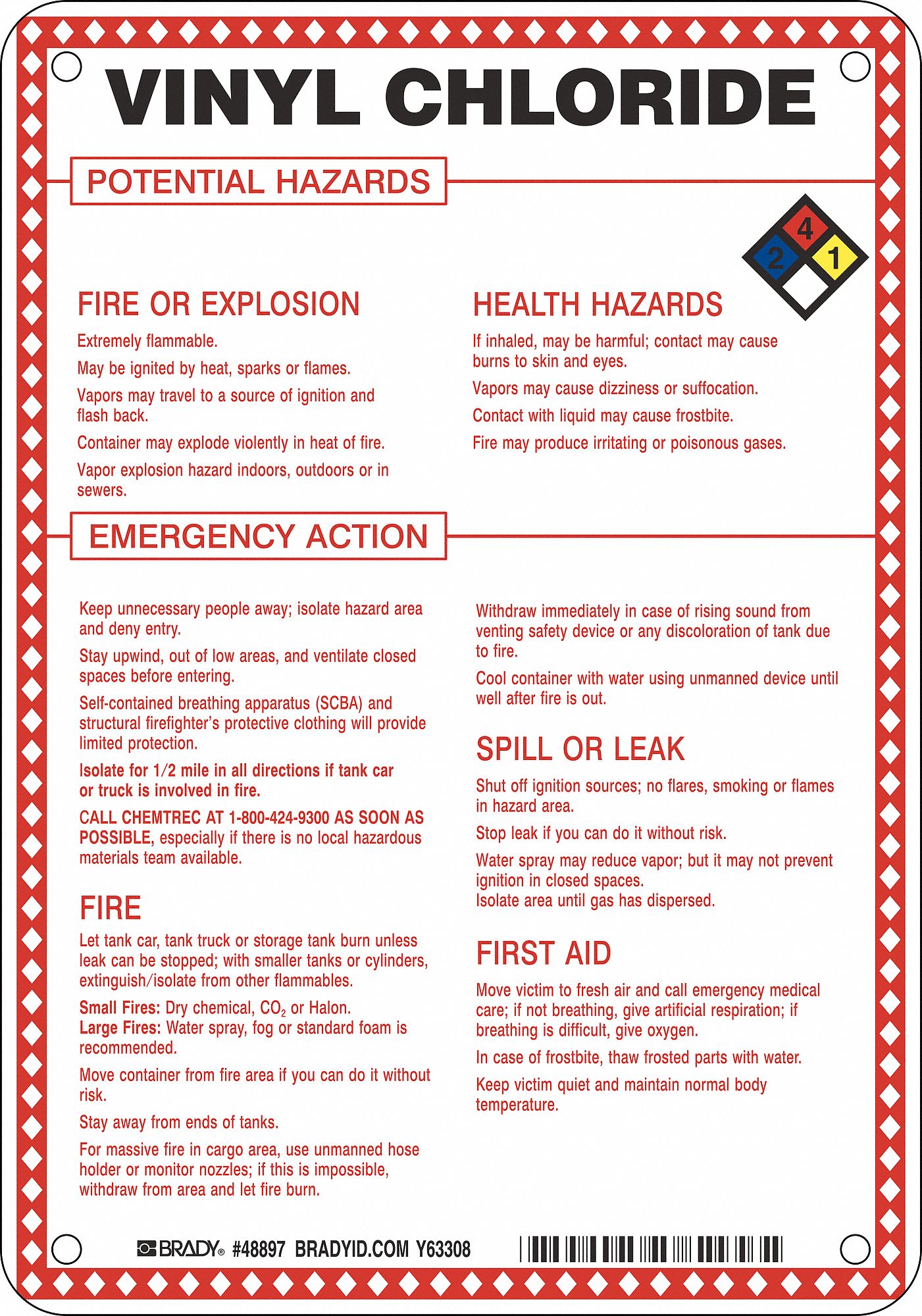 BRADY Chemical Sign Vinyl Chloride Potential Hazards, Fiberglass, 10