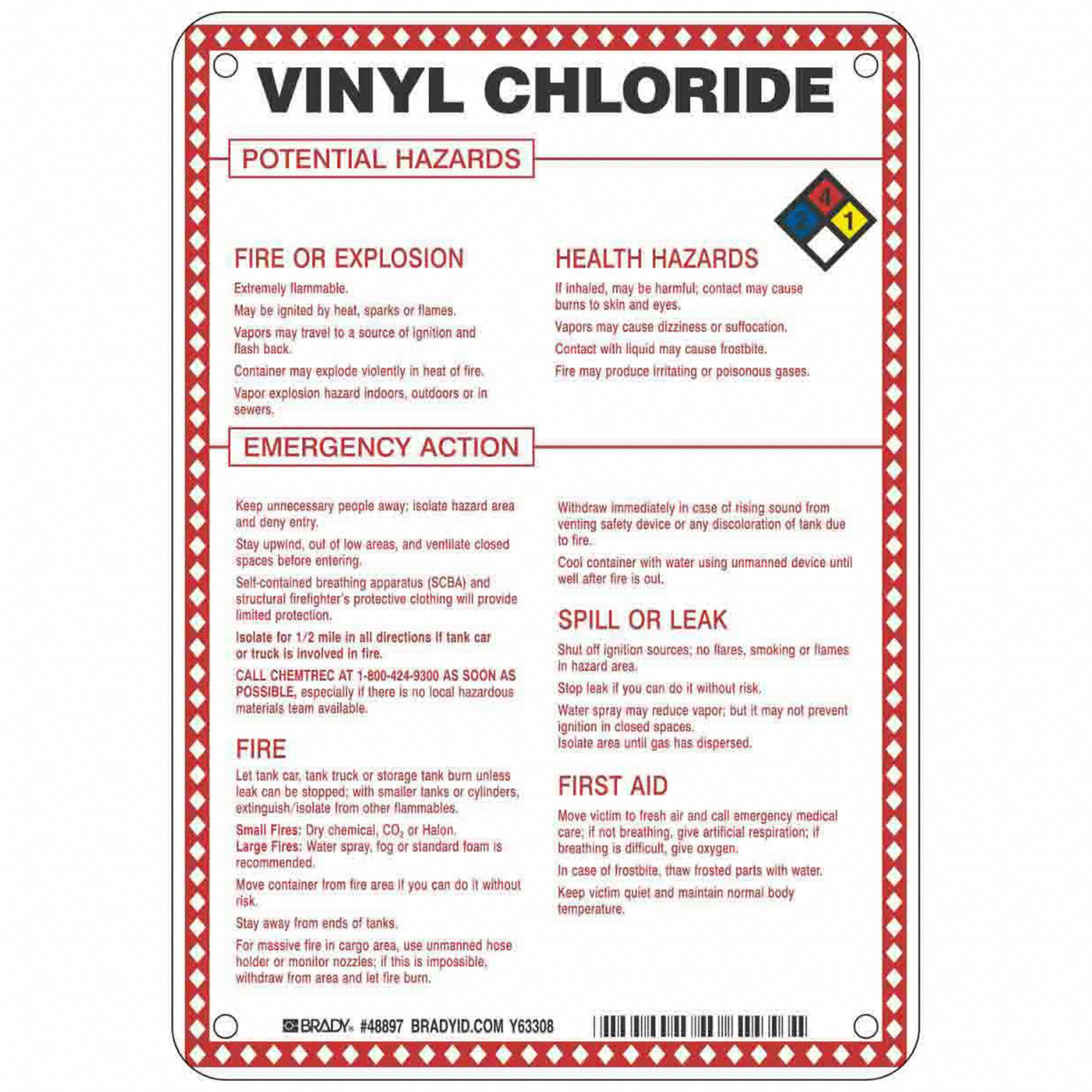Sign: Vinyl Chloride Potential Hazards, Fiberglass, 10 in Ht, 7 in Wd, 0.1 in Thick, 7 in x 10 in