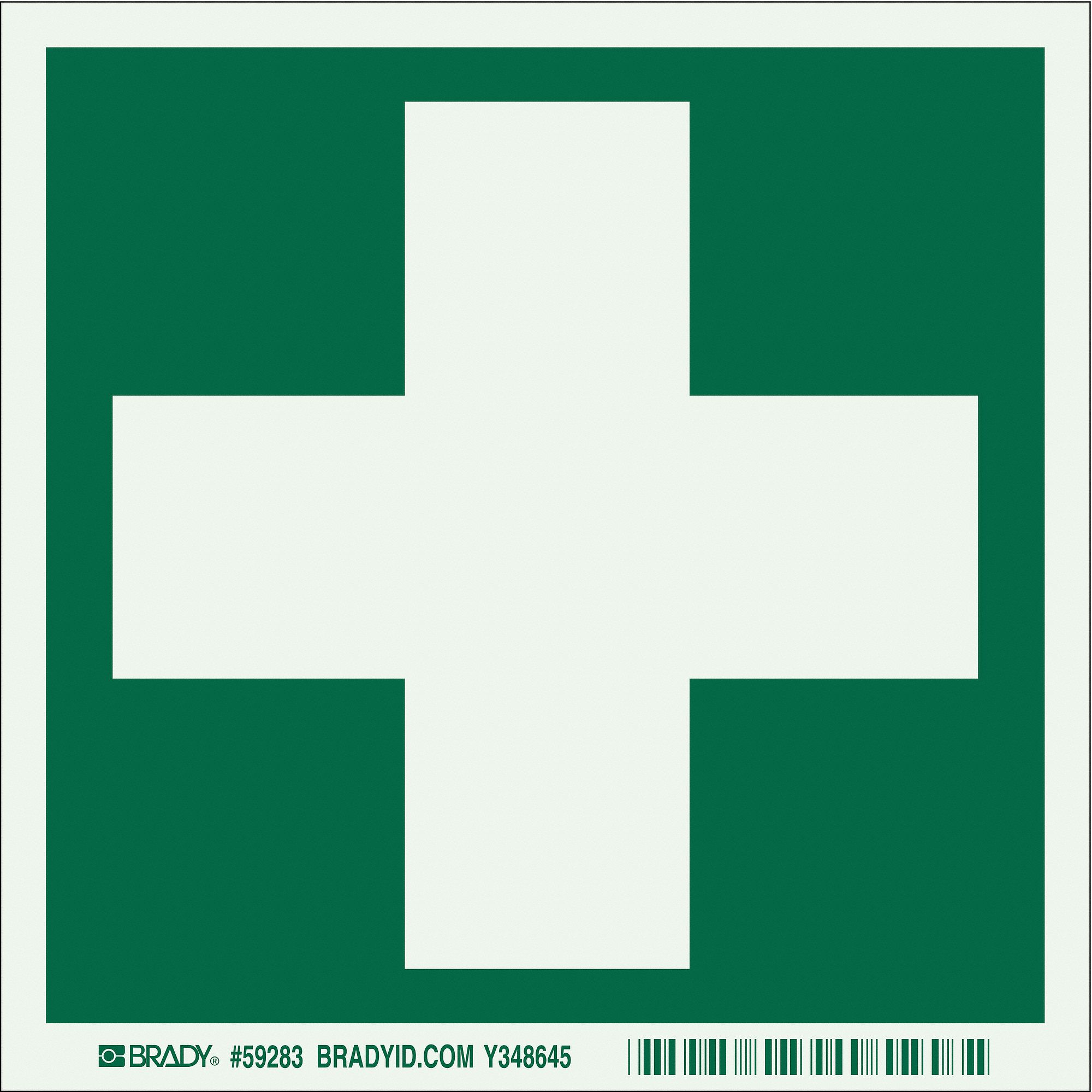 FIRST AID SIGN, POLYESTER, 6 IN WIDTH, 6 IN HEIGHT, GREEN, ADHESIVE SURFACE