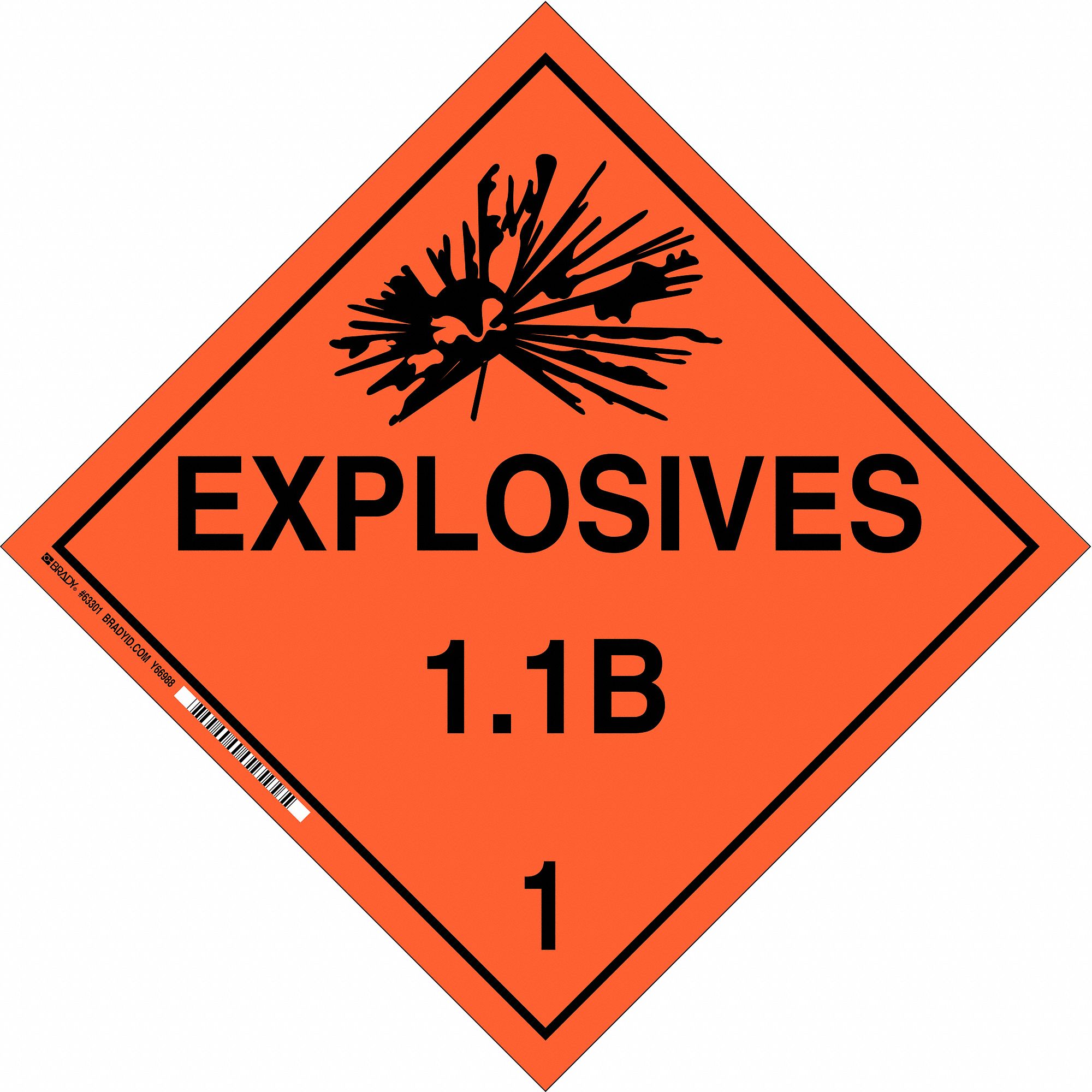 DOT Container Placard: Explosives 1.1 B 1, 10 3/4 in x 10 3/4 in, 10 3/4 in Label Ht, Placard