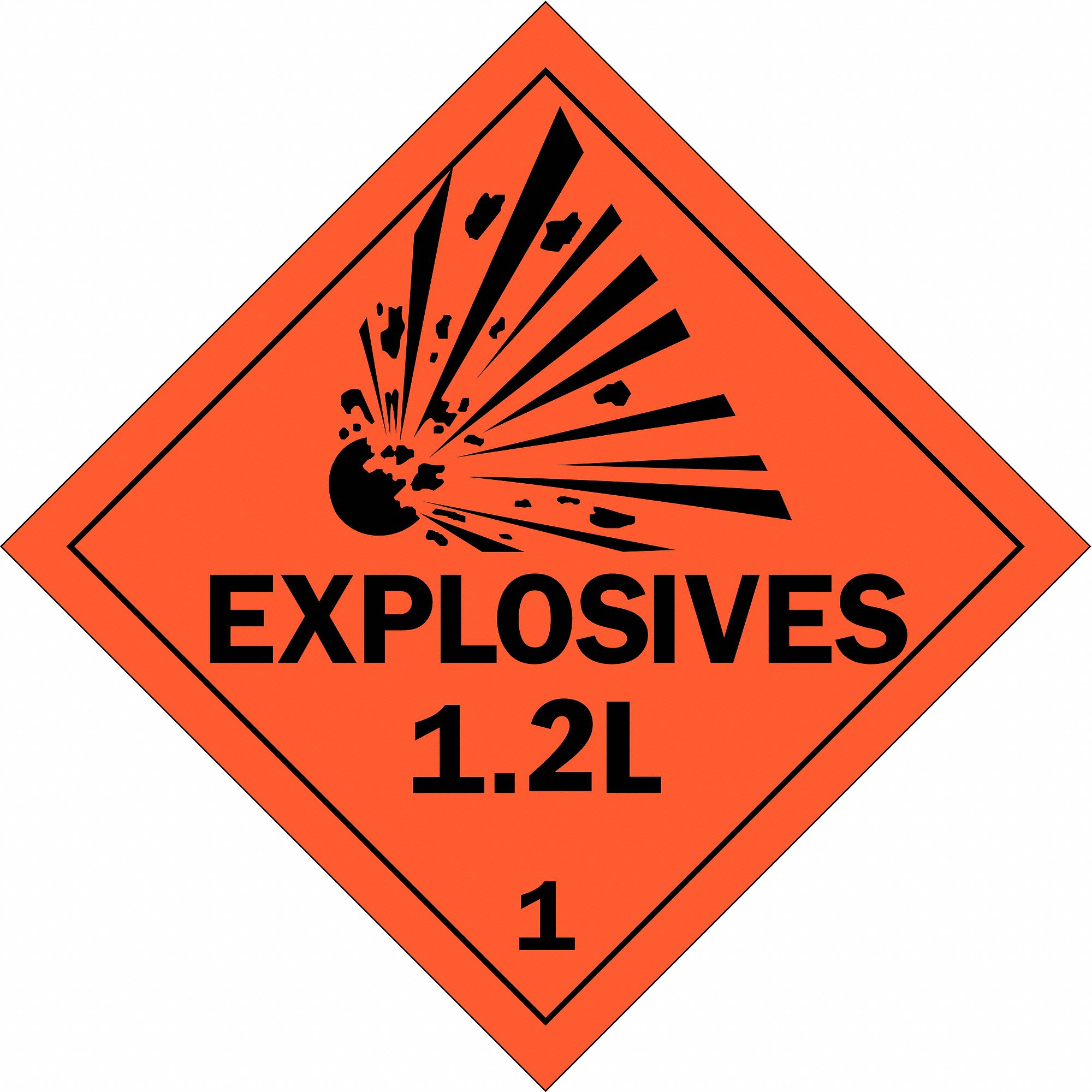 DOT Container Placard: Explosives 1.2 L 1, 10 3/4 in x 10 3/4 in, 10 3/4 in Label Ht, Placard