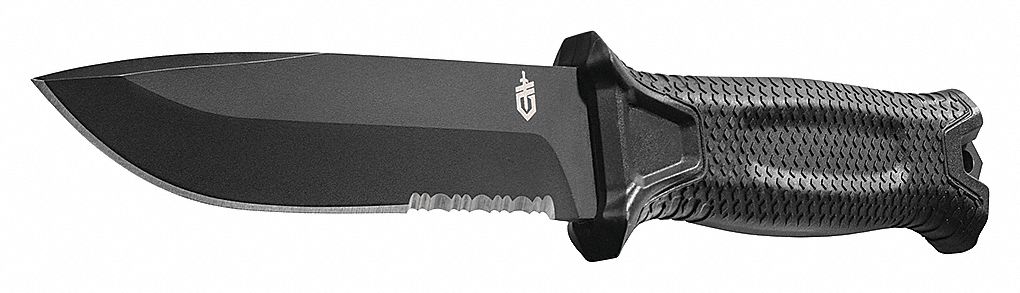 TACTICAL KNIFE INC SHEATH, DROP POINT/SERRATED, BLACK, 4 3/4 IN L, 420 HC STEEL/CERAMIC