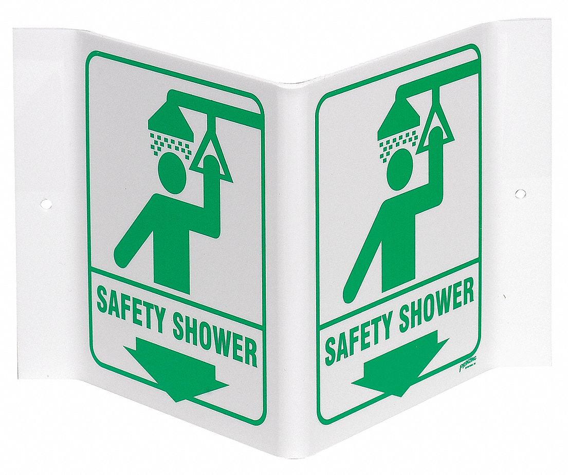 SAFETY SHOWER SIGN, MOUNTING HOLES, NOT RETROREFLECTIVE, 0.055 IN THICK, WHITE, 12 X 18IN