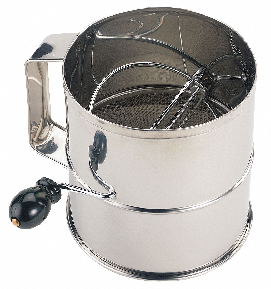 Flour Sifter: Stainless Steel, 6 1/4 in Dia, 6 1/4 in Ht, 1/8 in Mesh Size