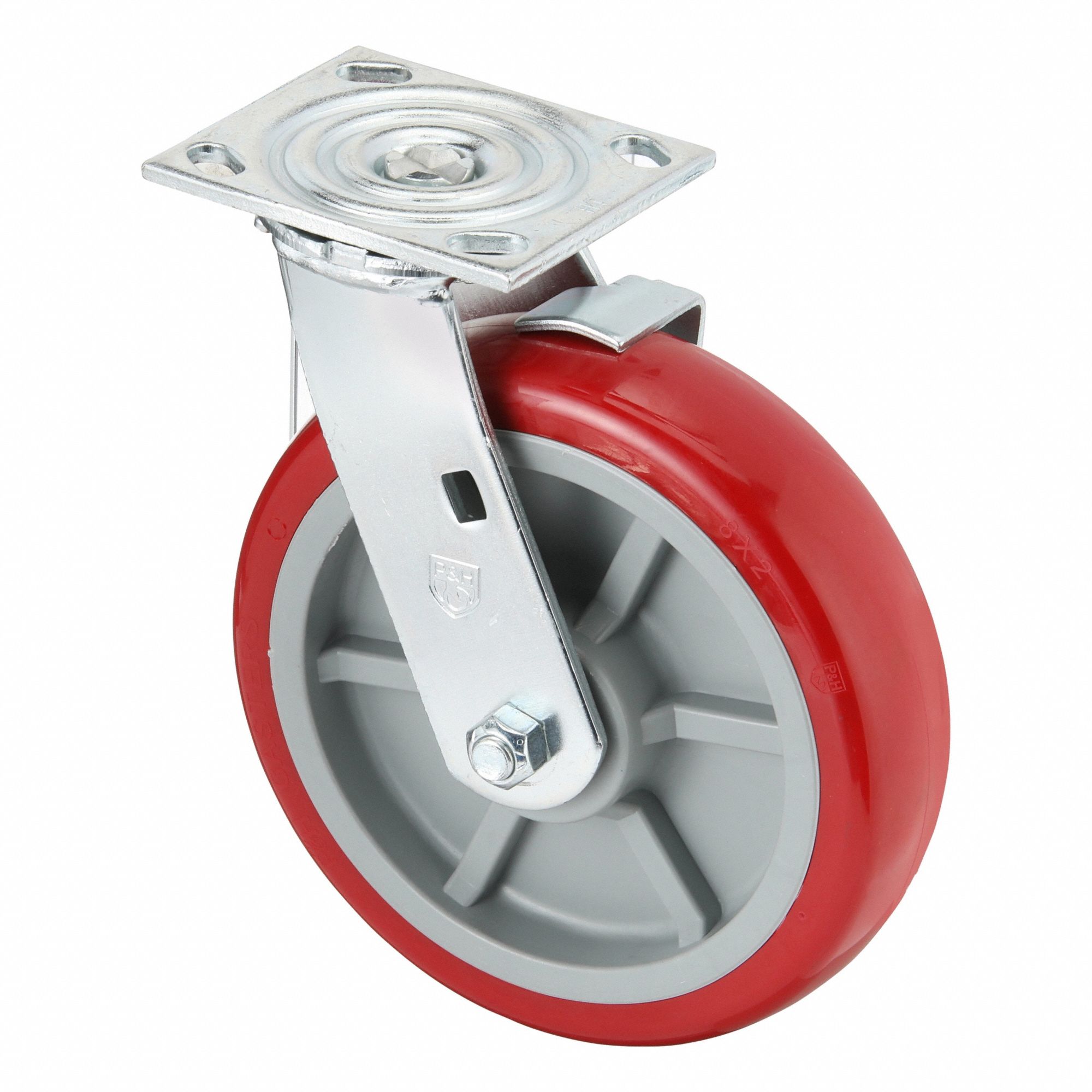 Swivel Caster: Polyurethane, Brake, 8 in Wheel Dia., 8229-SR-BK