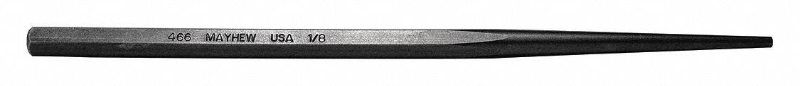 Line Punch: 1/8 in Tip Size, Hexagon, 5/16 in Shank Wd, 8 in Overall Lg, 3 1/2 in Taper Lg, 72010