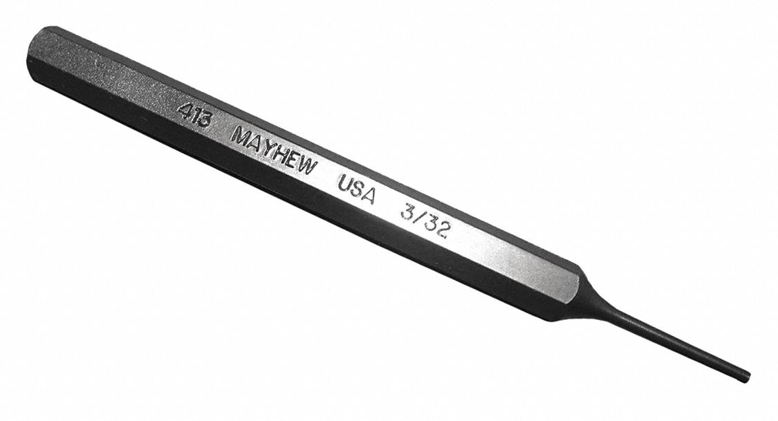 Pin Punch: 3/32 in Tip Dia, 5/16 in Shank Wd, 7/8 in Taper Lg, 4 1/2 in Overall Lg, Hexagon, Steel