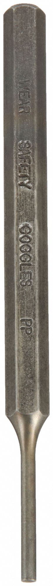 PIN PUNCH, 3/16 IN TIP DIA, ⅜ IN SHANK W, 1¼ IN TAPER L, 5¼ IN OVERALL L, HEXAGON, STEEL