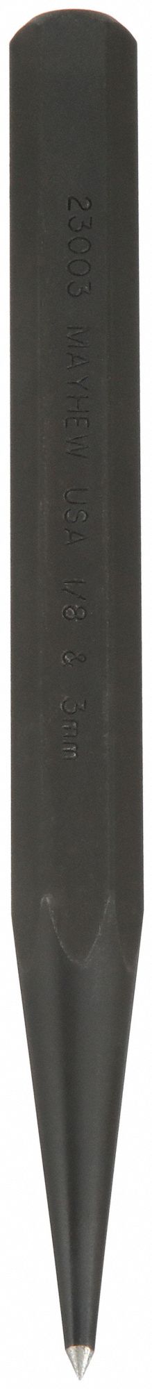 Prick Punch: 1/8 in Tip Size, Hexagon, 6 in Overall Lg, 2 in Taper Lg, Plain Grip, Bulk, 1/2 in