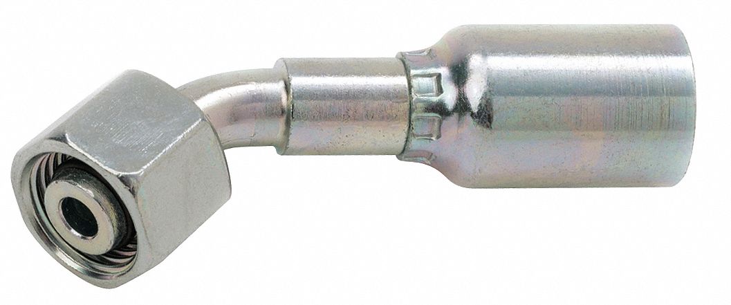 HYDRAULIC HOSE FITTING, S56, BARBED, CRIMPED, 45 °  ELBW, SWIVL, 24 °  CONE, FEMALE, 3/8 IN X 12 MM, ST