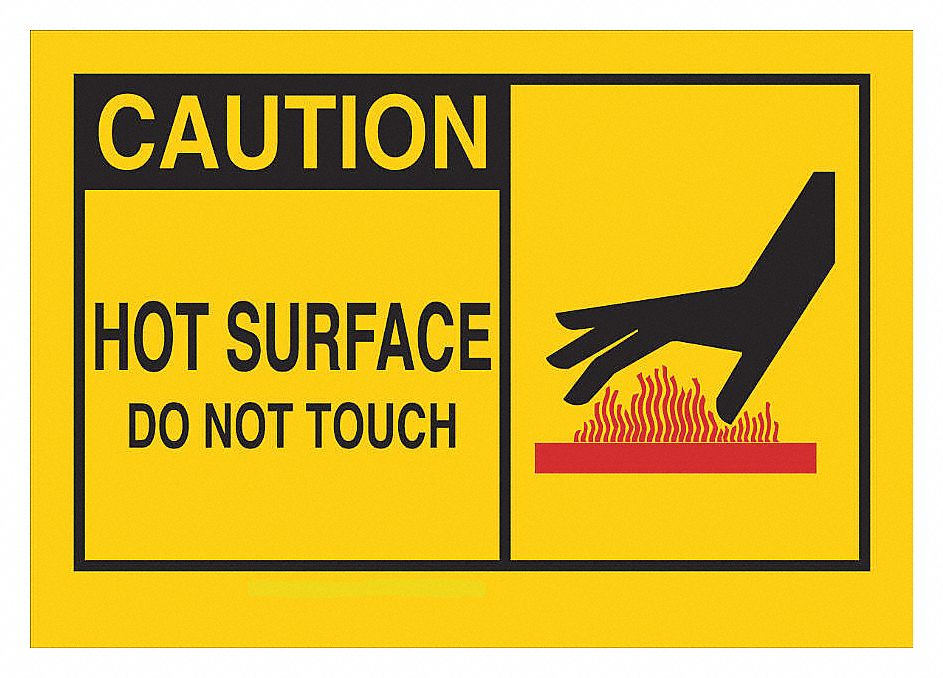 HOT SURFACE CAUTION SIGN, ADHESIVE, YELLOW/BLACK, 10 X 7 IN, VINYL