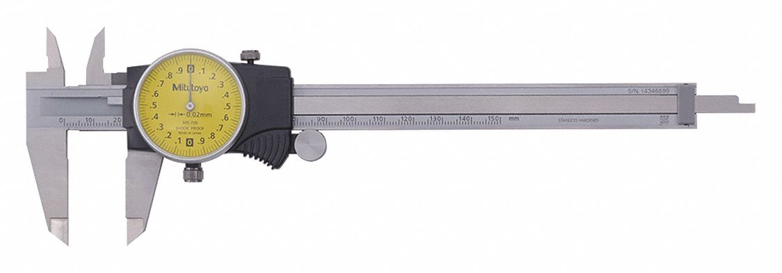 DIAL CALIPER, 0 TO 150 MM RANGE, 0.02 MM GRADUATION, 1 9/16 IN JAW, STEEL