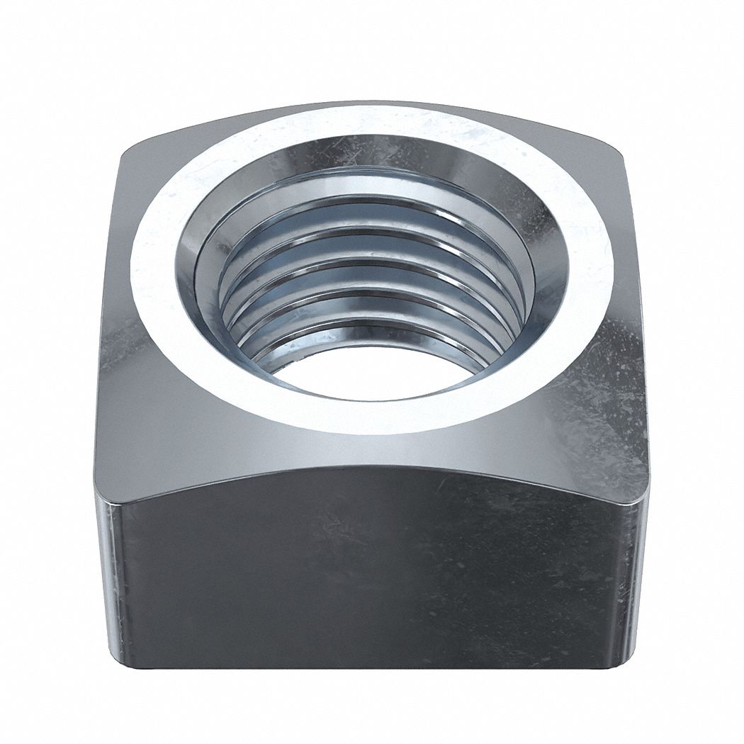 Square Nut: 1"-8 Thread Size, Steel, Grade A, Zinc-Plated, 7/8 in Ht, 1 1/2 in Wd, 5 PK