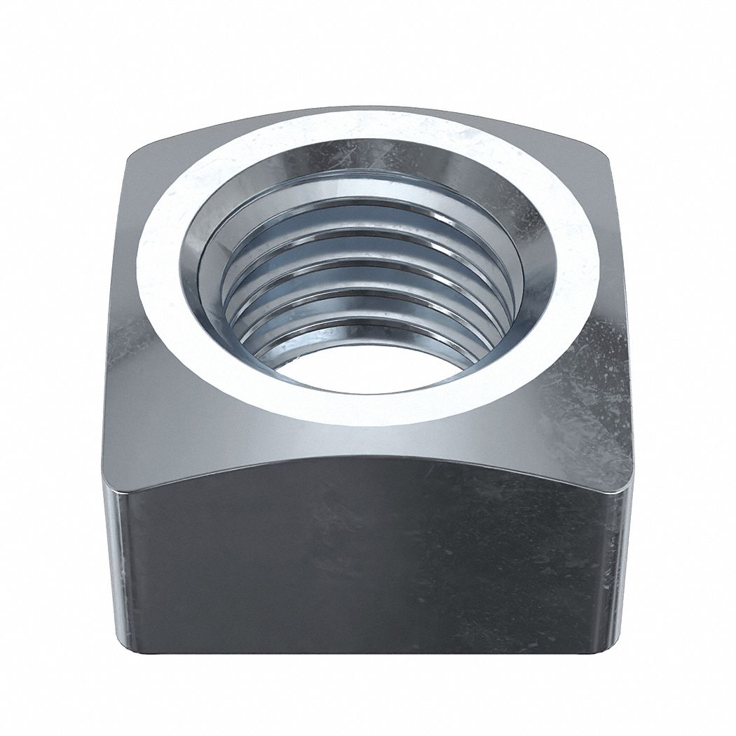 Square Nut: 1 1/8"-7 Thread Size, Steel, Grade A, Zinc-Plated, 1 in Ht, 1 11/16 in Wd