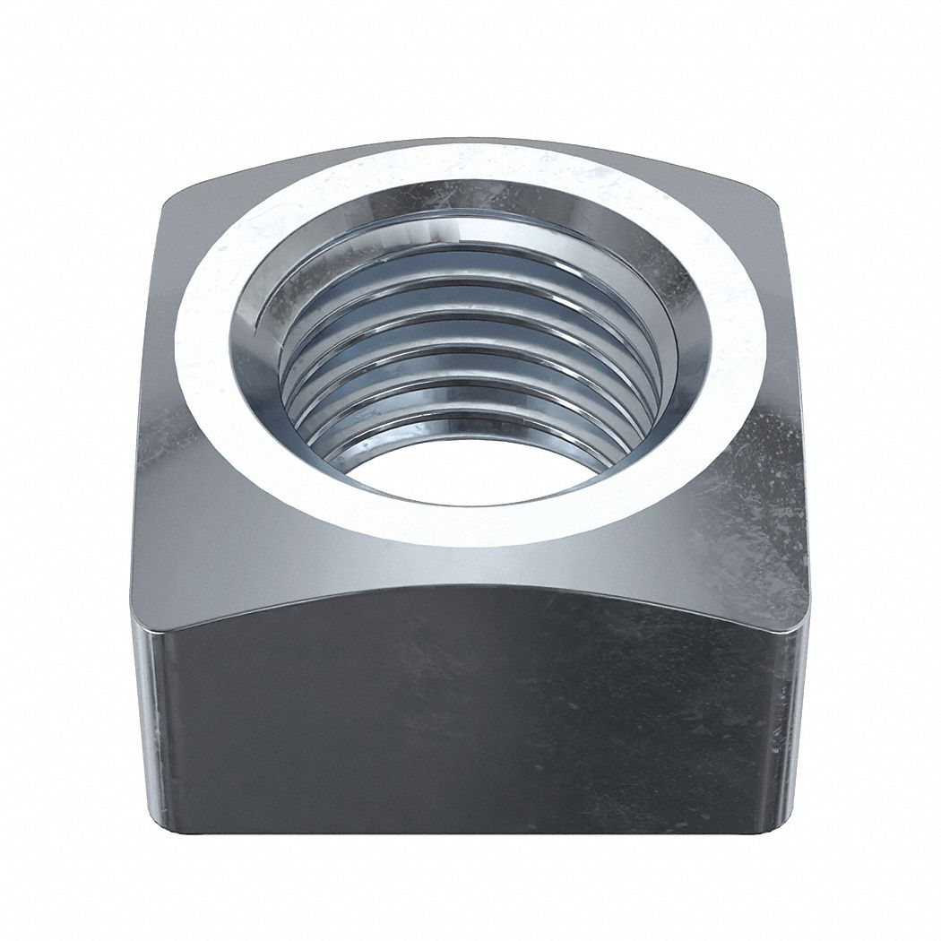 Square Nut: 1 1/2"-6 Thread Size, Steel, Grade A, Zinc-Plated, 1 5/16 in Ht, 2 1/4 in Wd