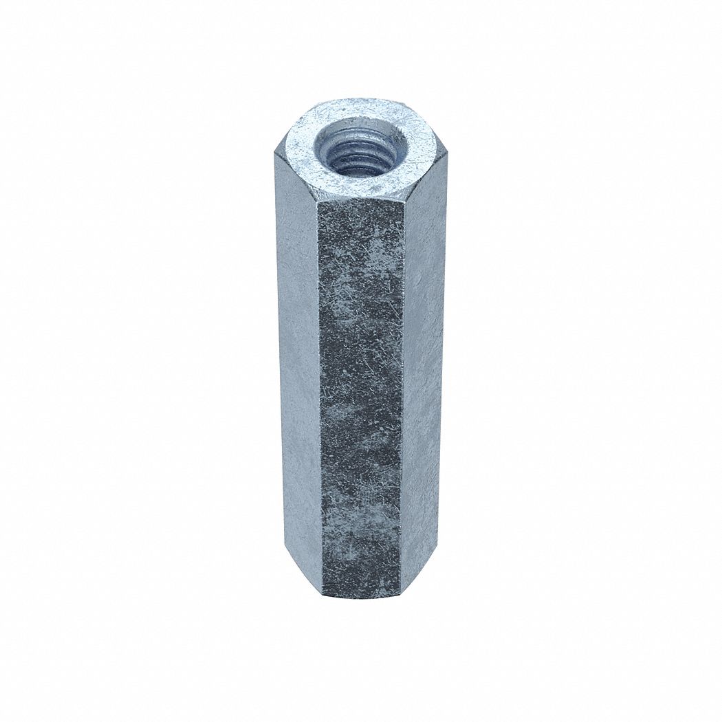 Coupling Nut: Zinc-Plated, Grade A, Steel, 1/4"-20 Thread, 7/16 in Hex Wd, 1 3/4 in Lg, 10 PK