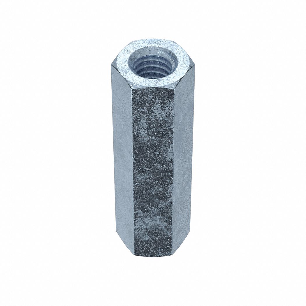 Coupling Nut: Zinc-Plated, Grade A, Steel, 5/16"-18 Thread, 1/2 in Hex Wd, 1 3/4 in Lg, 10 PK